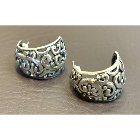 VTG SIGNED MEXICO 925 Sterling Silver Filigree Half Hoop Pierced Earrings - Picture 3 of 6